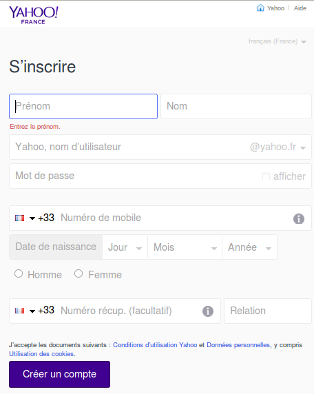 Inscription sur yahoo